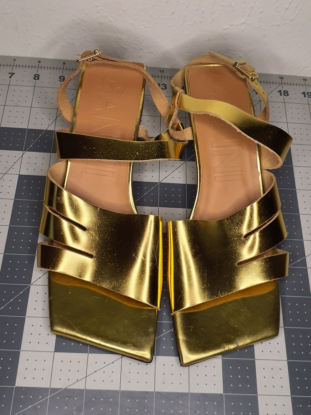 Gianni Bini Gold Metallic Strappy Square-Toe Heels